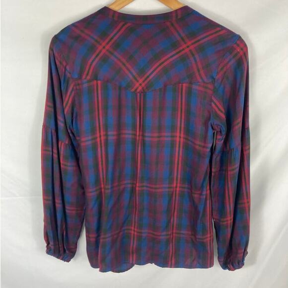 CAbi Caroling Plaid Button Front Top Blouse Size XS Style 4070 Navy Blue Red - Picture 5 of 6